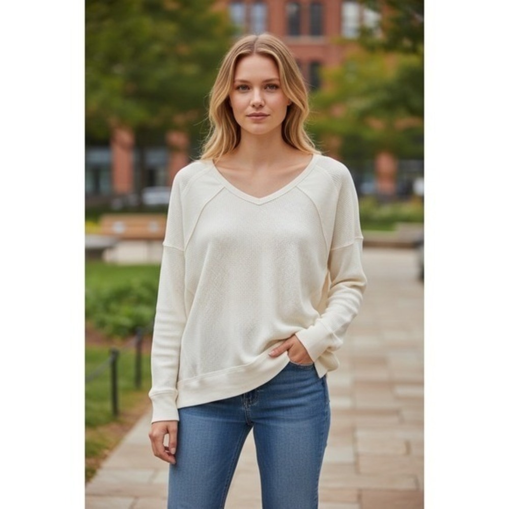 Free People‎ Cream Waffle Knit V Neck Long Sleeve Thermal Top